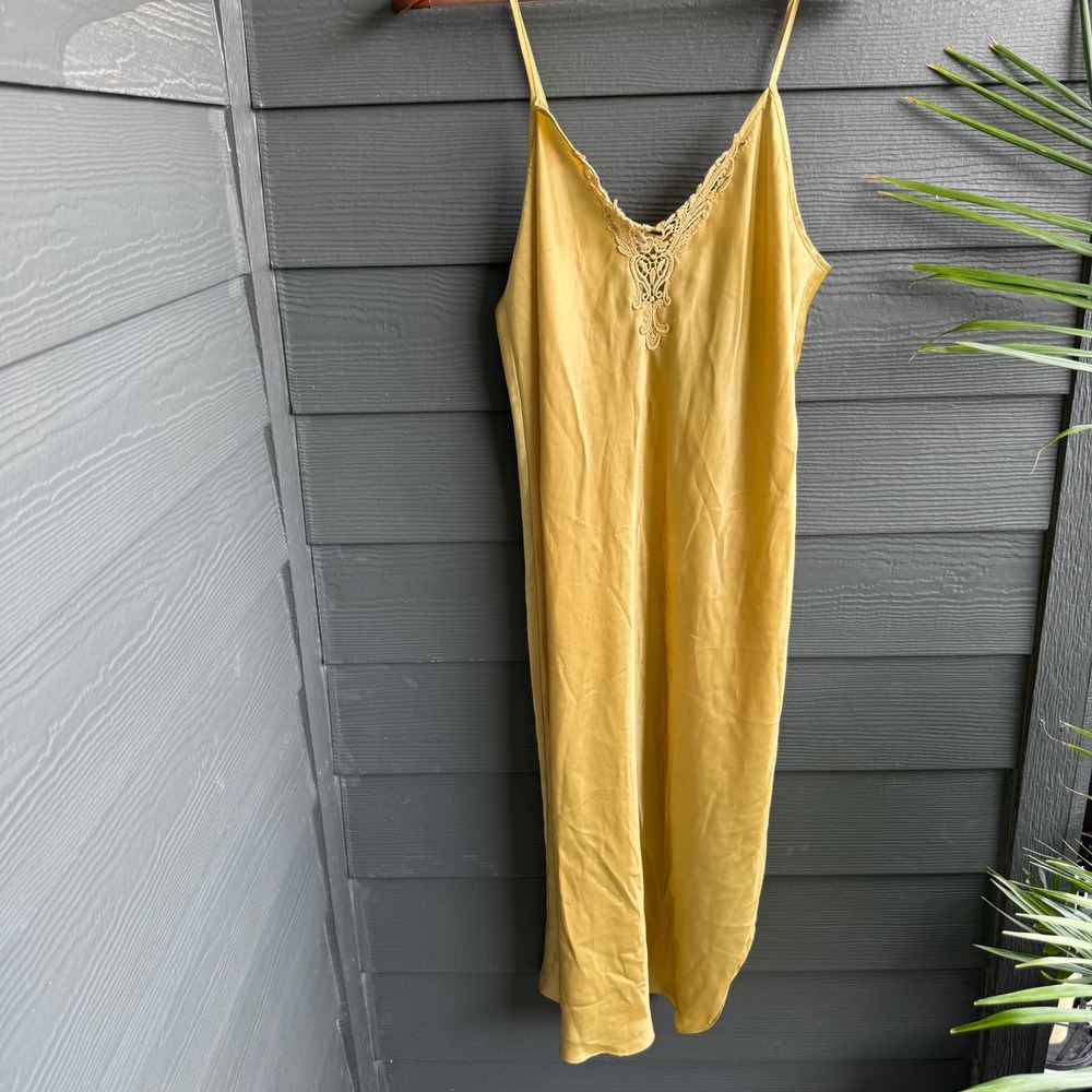 Marigold Gold Satin Slip Dress Lace V-Neck Midi Y2K Indie Sleaze Coquette Vibe